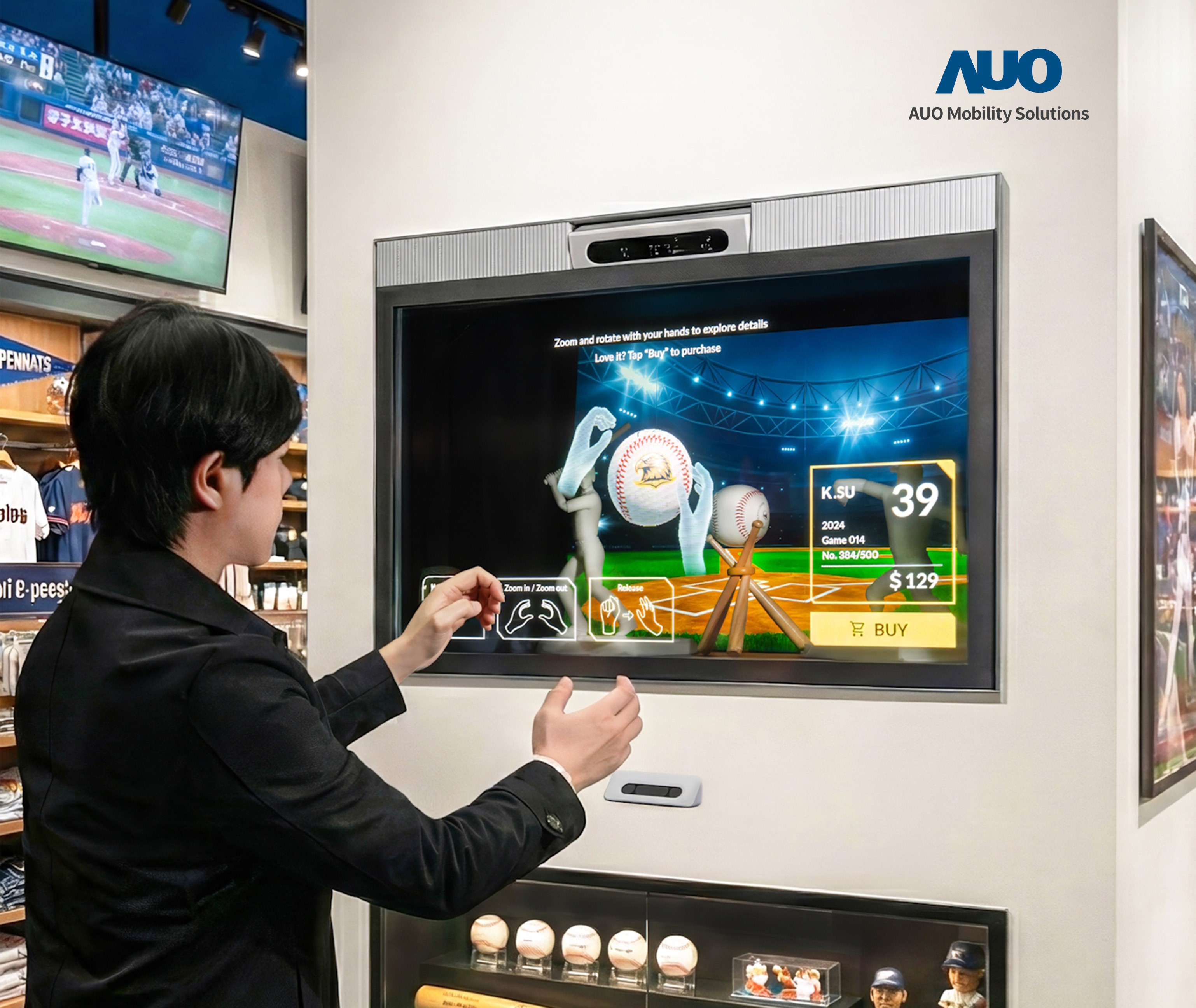 64吋Sports AR Solution提供实体赛事与Micro LED透明显示器对应互动的运用，对于参赛者或队伍有更多信息需了解，或更多营销互动，都可轻松在透明显示屏幕上完成，助攻营销互动新纪元。