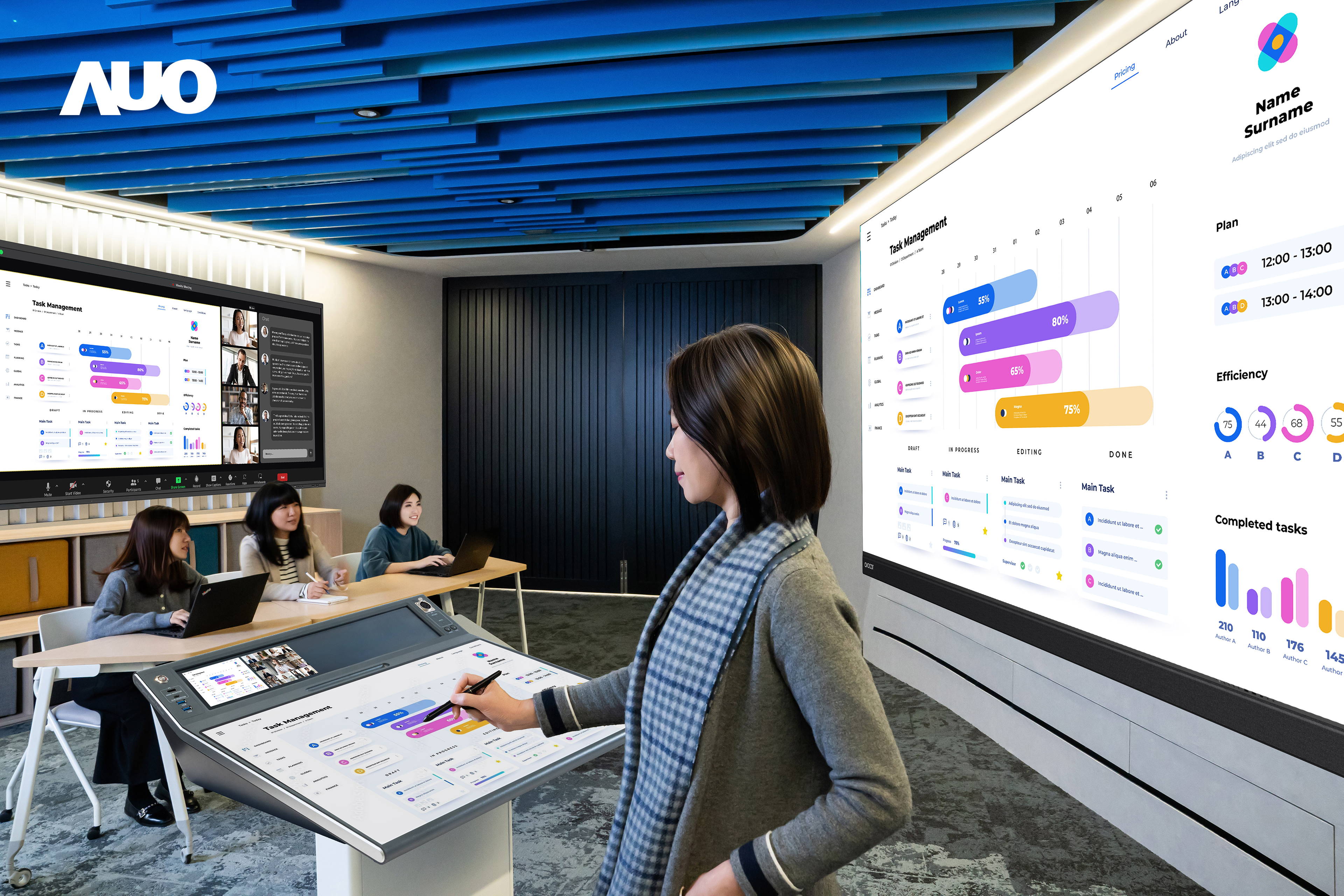 达擎携手Avocor与Rise Vision展示全方位商务领域应用，包含采用模块化设计的138吋一体式All-in-One LED显示器及具21:9超宽比例的92吋交互式电子白板（IFPD），讲者可轻松分享内容，有效提升会议协作效率。